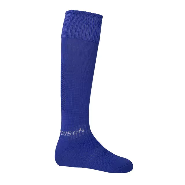 Un calcetín de fútbol Reusch de color azul marino con la parte superior acanalada y el logotipo blanco en el tobillo.