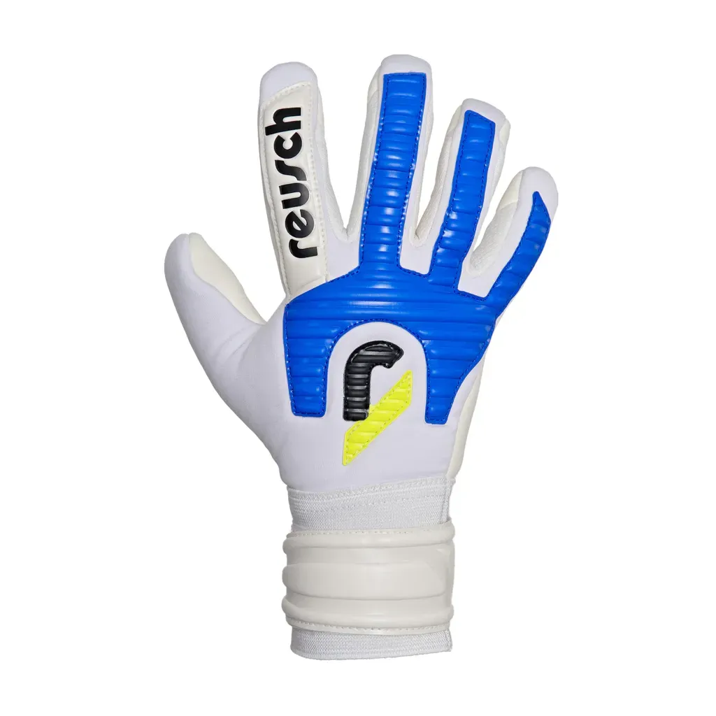 Un par de guantes de portero Reusch blancos y azules, mostrados desde la parte delantera y trasera.