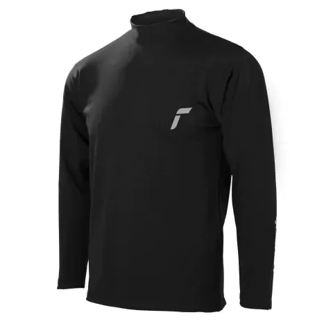 Una camiseta negra de manga larga y cuello alto con un pequeño logotipo gris claro en el lado izquierdo del pecho.
