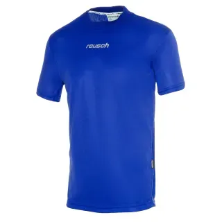 Una camiseta deportiva Reusch de manga corta, de color azul marino liso, centrada sobre un fondo blanco.