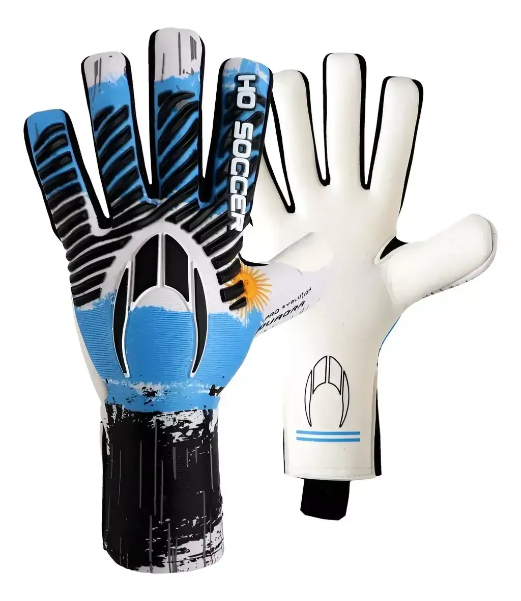 Guantes de portero azules y negros con palmas blancas, mostrados de frente y de espaldas sobre un fondo blanco.