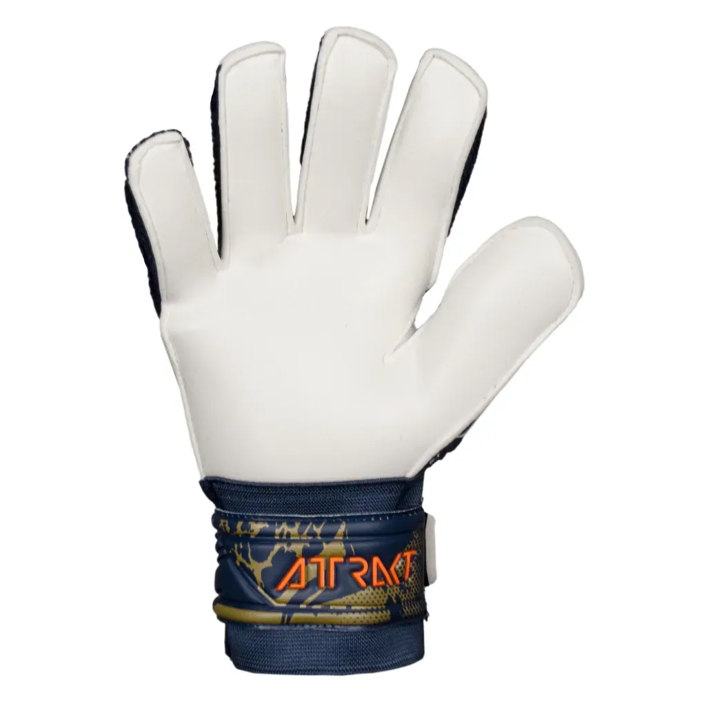 Un par de guantes de portero Reusch de color azul marino y naranja, mostrados desde la palma y el dorso.