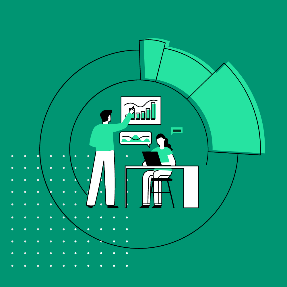 an illustration of a man showing a dashboard to his colleague 