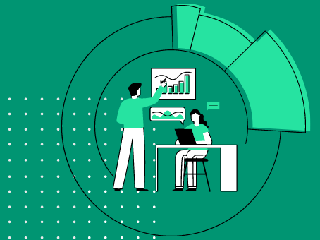 an illustration of a man showing a dashboard to his colleague