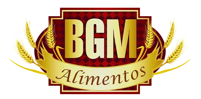Um logotipo para bgm alimentos com espigas de trigo e uma fita dourada.