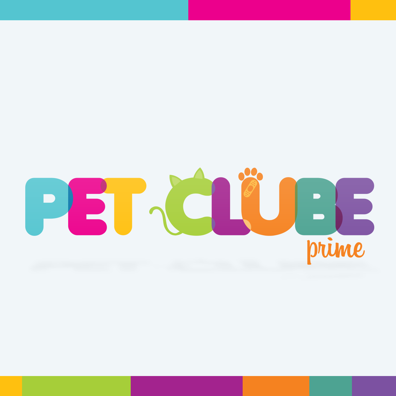 O logotipo do pet club prime é colorido e tem um gato nele.