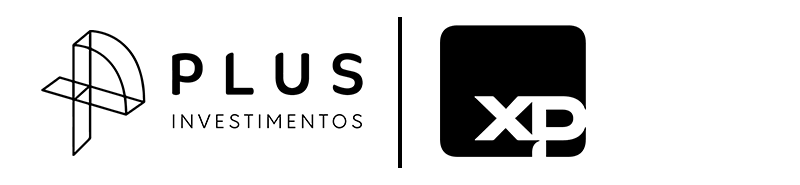 Um logotipo em preto e branco para uma empresa chamada plus investimentos