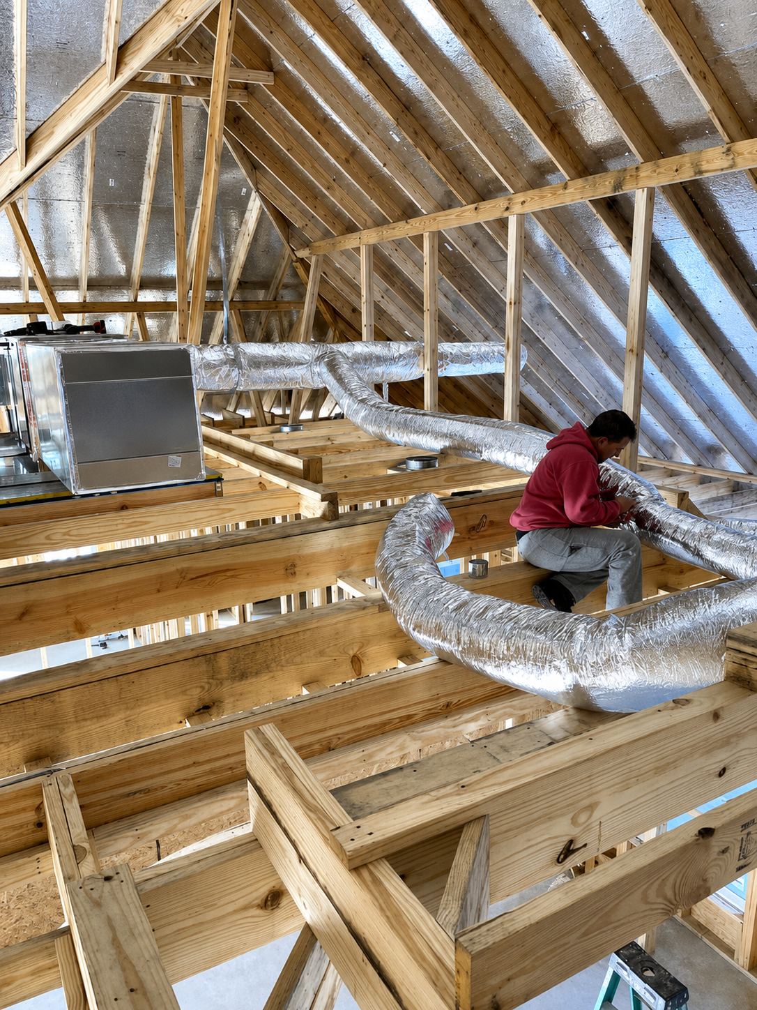 Attic under construction with exposed wooden rafters and ductwork; worker kneels on floor framing.