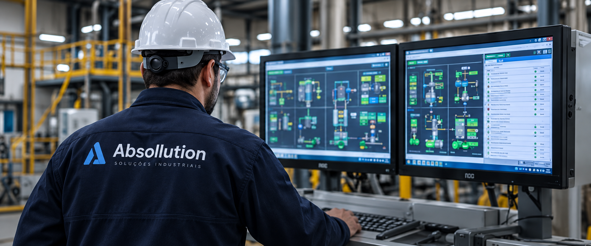 Ilustração de técnico acompanhando sistemas supervisórios industriais