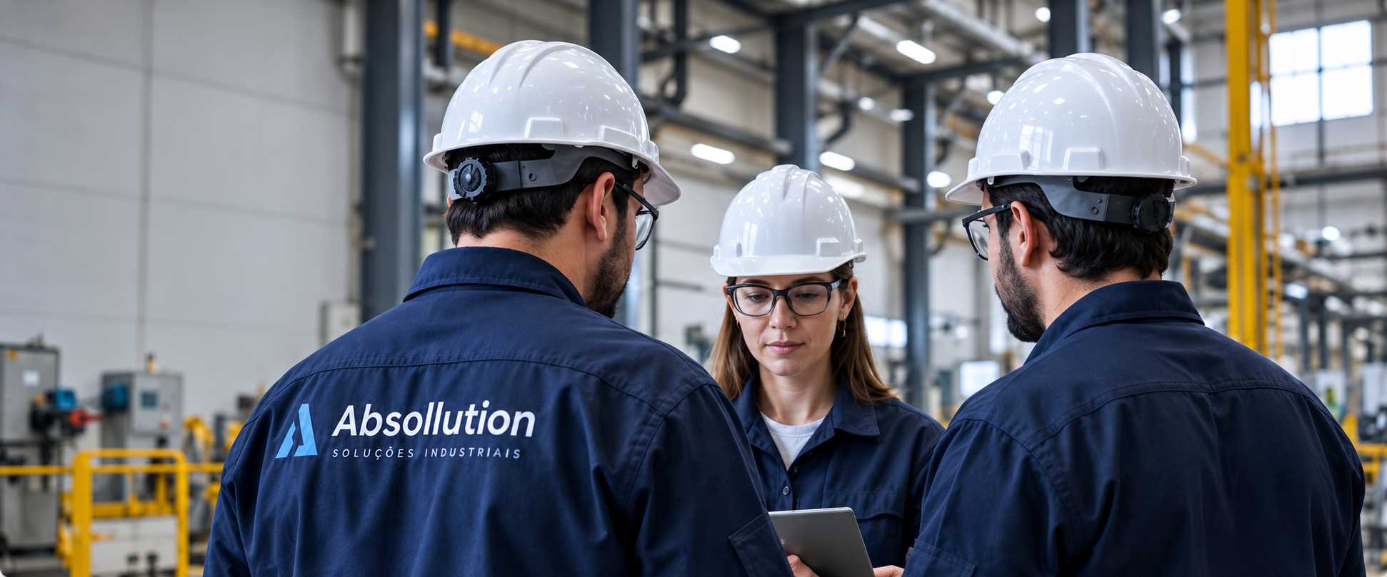 Imagem ilustrativa de três profissionais em ambiente industrial com uniformes da Absollution