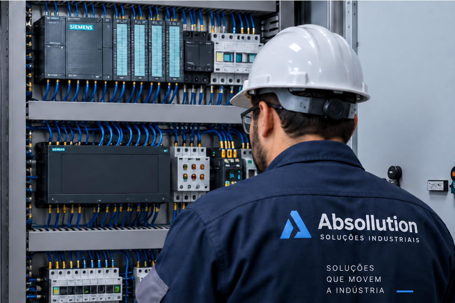 Imagem ilustrativa de técnico com uniforme da Absollution diante de um painel de automação industrial