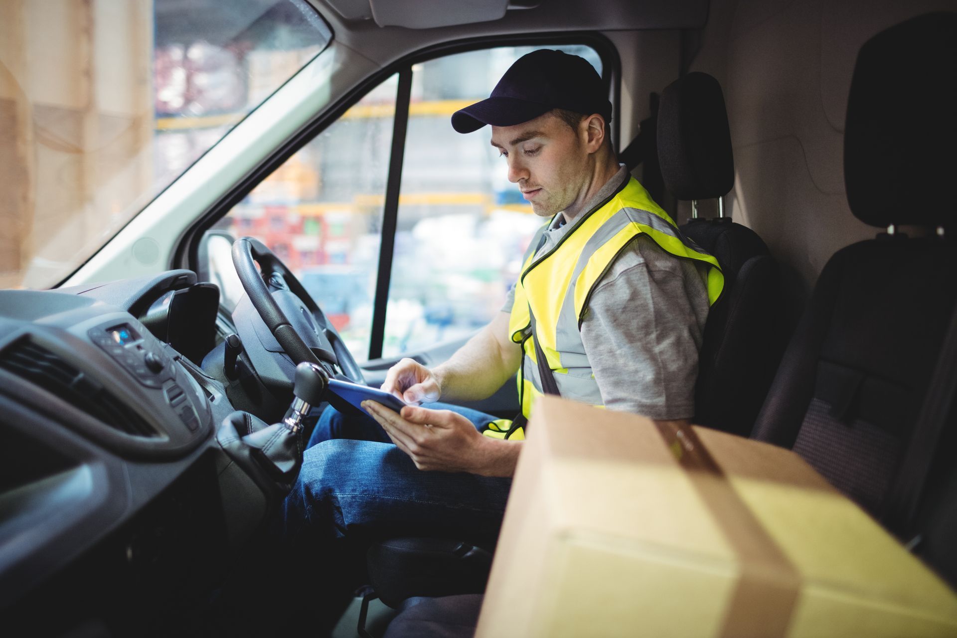 A delivery driver is checking his tablet.