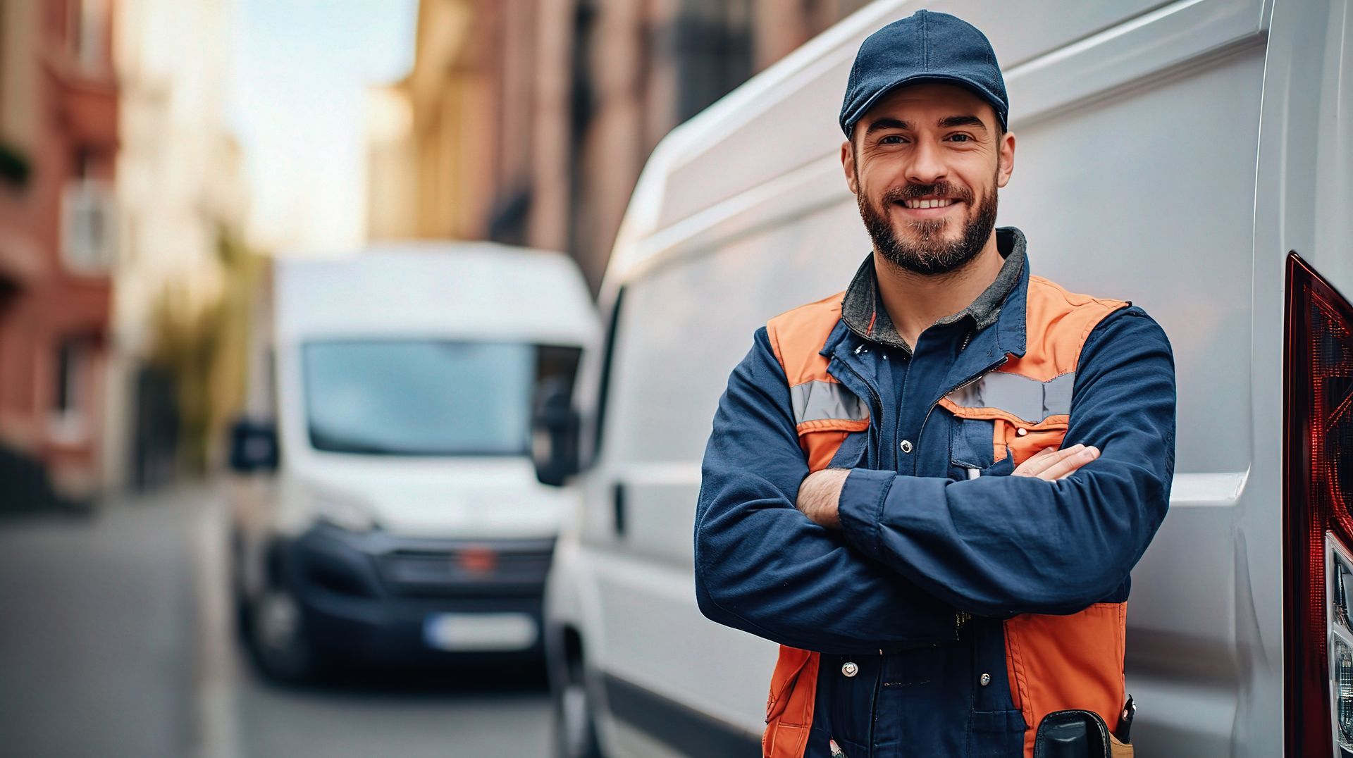 Smiling delivery worker in orange vest and blue cap stands beside a white van on a city street