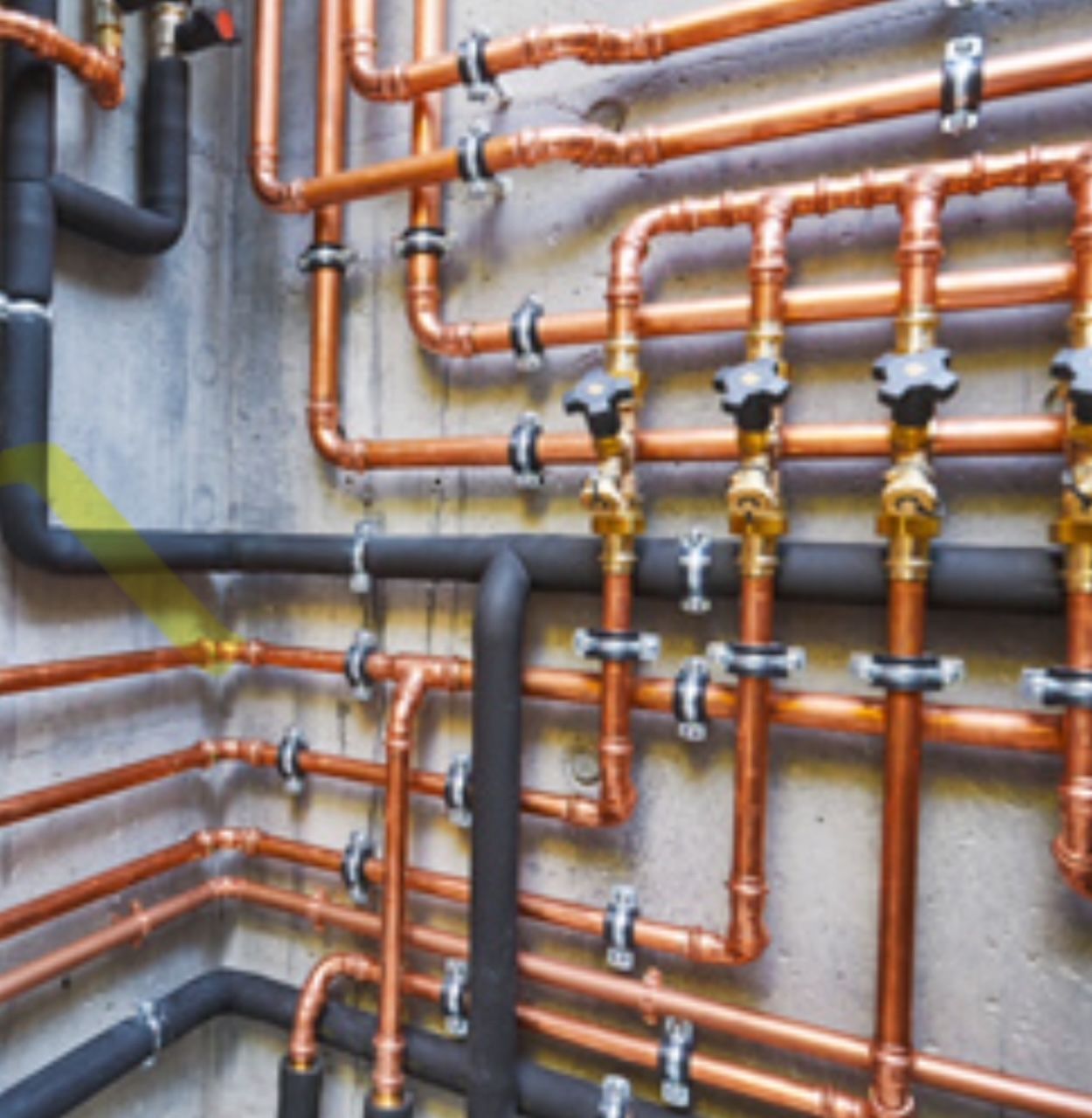 Commercial copper pipe manifold system with ball valves and insulated plumbing in Woodstock Georgia