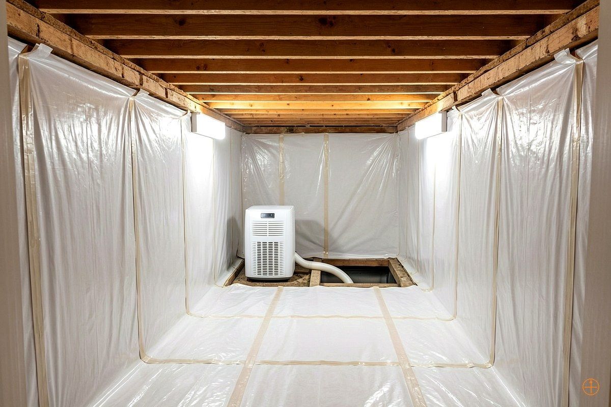 Encapsulated crawl space with vapor barrier and dehumidifier installed in Cherokee County, GA