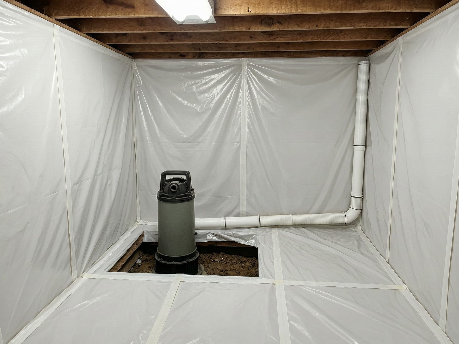 Sump pump installed in a fully encapsulated crawl space