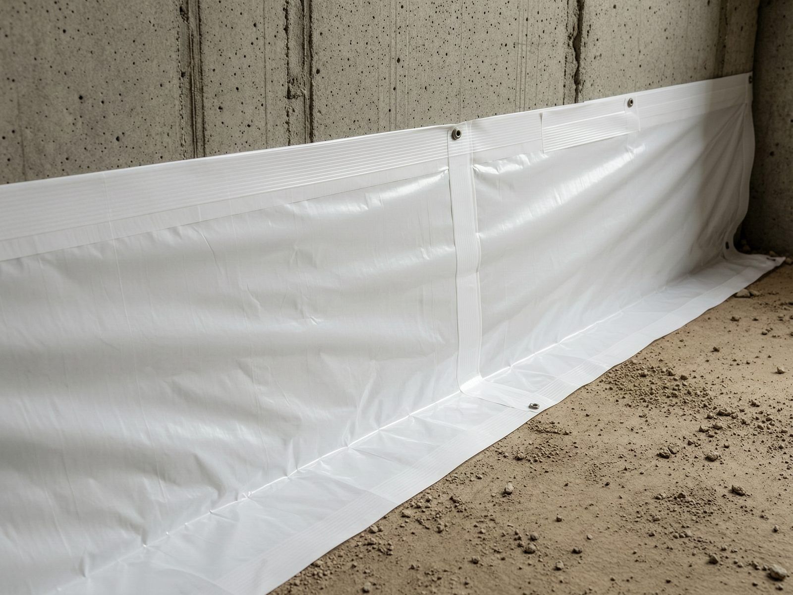 Sealed vapor barrier at foundation wall during crawl space encapsulation
