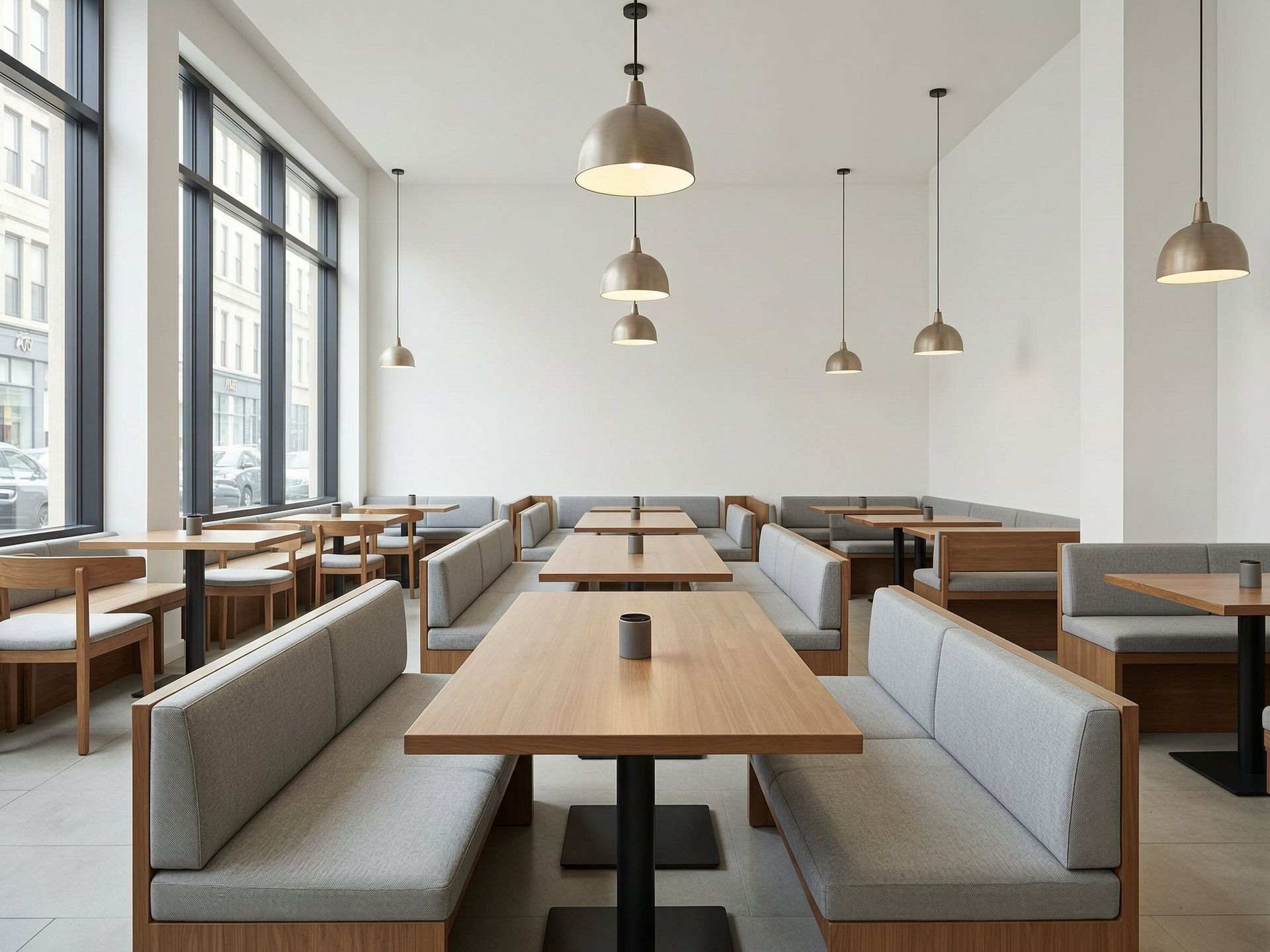 Finished restaurant dining area with booth seating and pendant lighting, franchise buildout Georgia