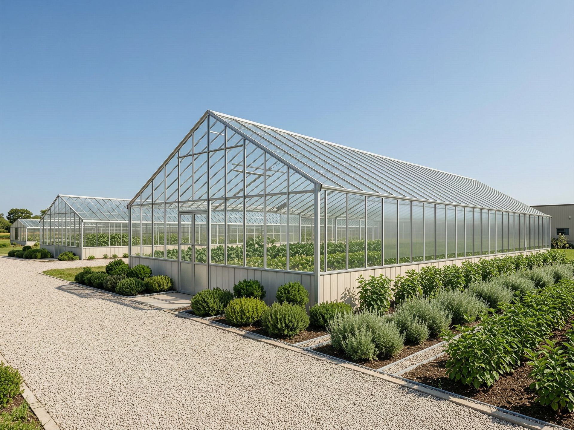 Completed commercial greenhouse exterior with aluminum frame and glazing, greenhouse builders Georgi