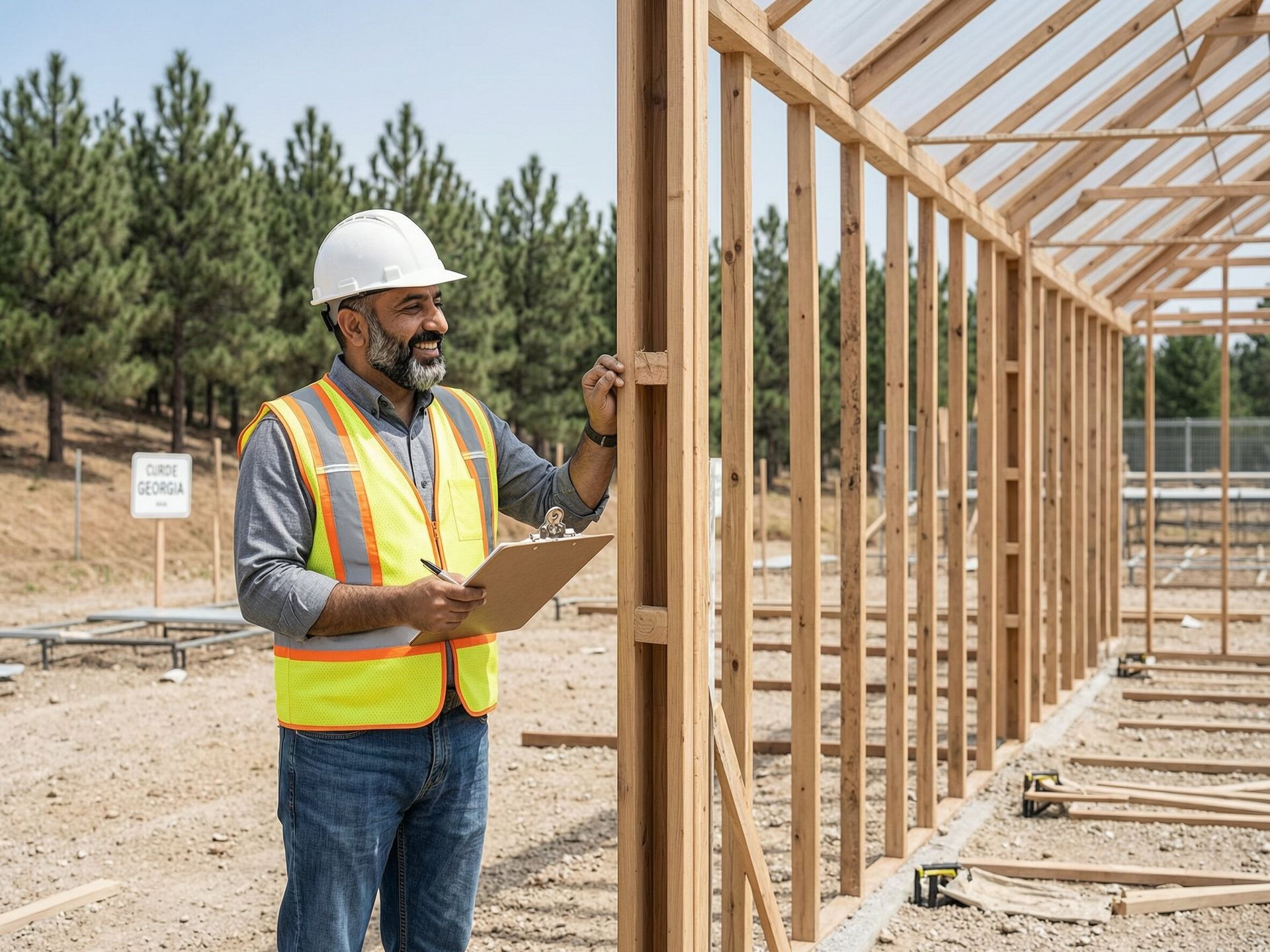Construction inspector reviewing commercial greenhouse framing during a Georgia permitting inspection