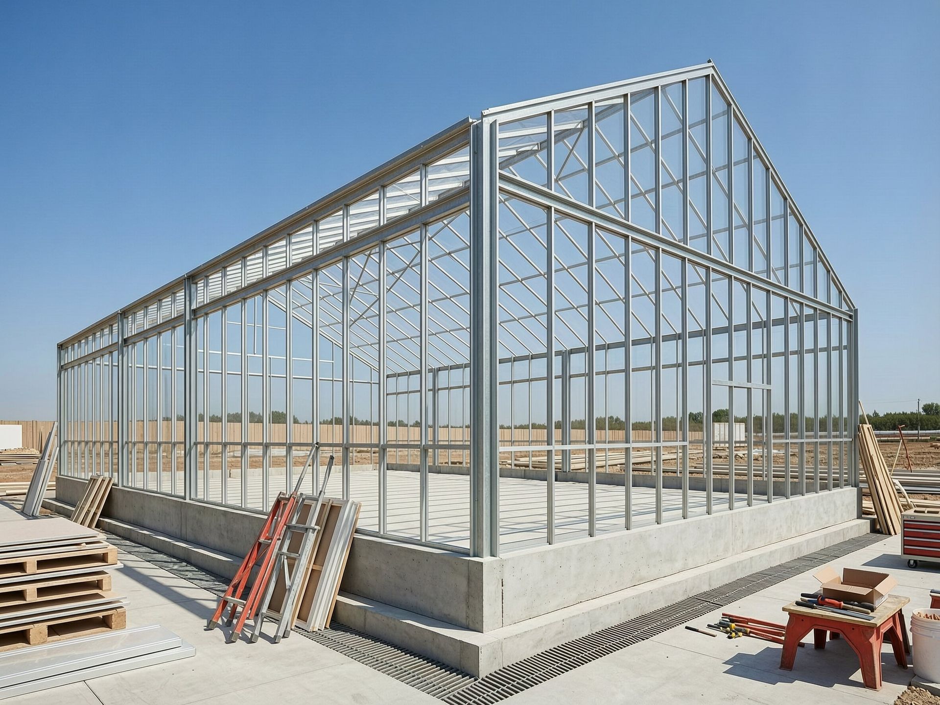 Commercial greenhouse foundation and structural frame under construction, greenhouse builders Georgia