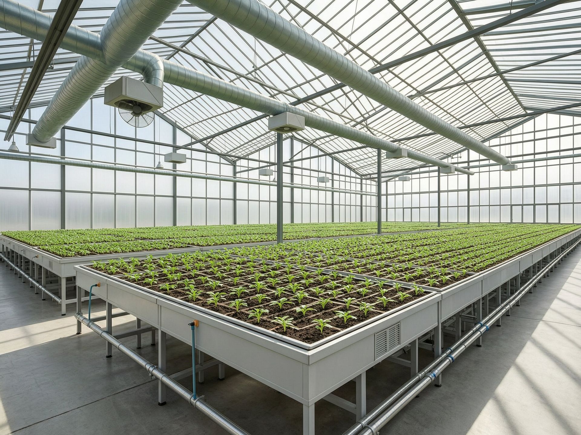 Commercial greenhouse interior with raised growing beds and irrigation systems, greenhouse builders Georgia