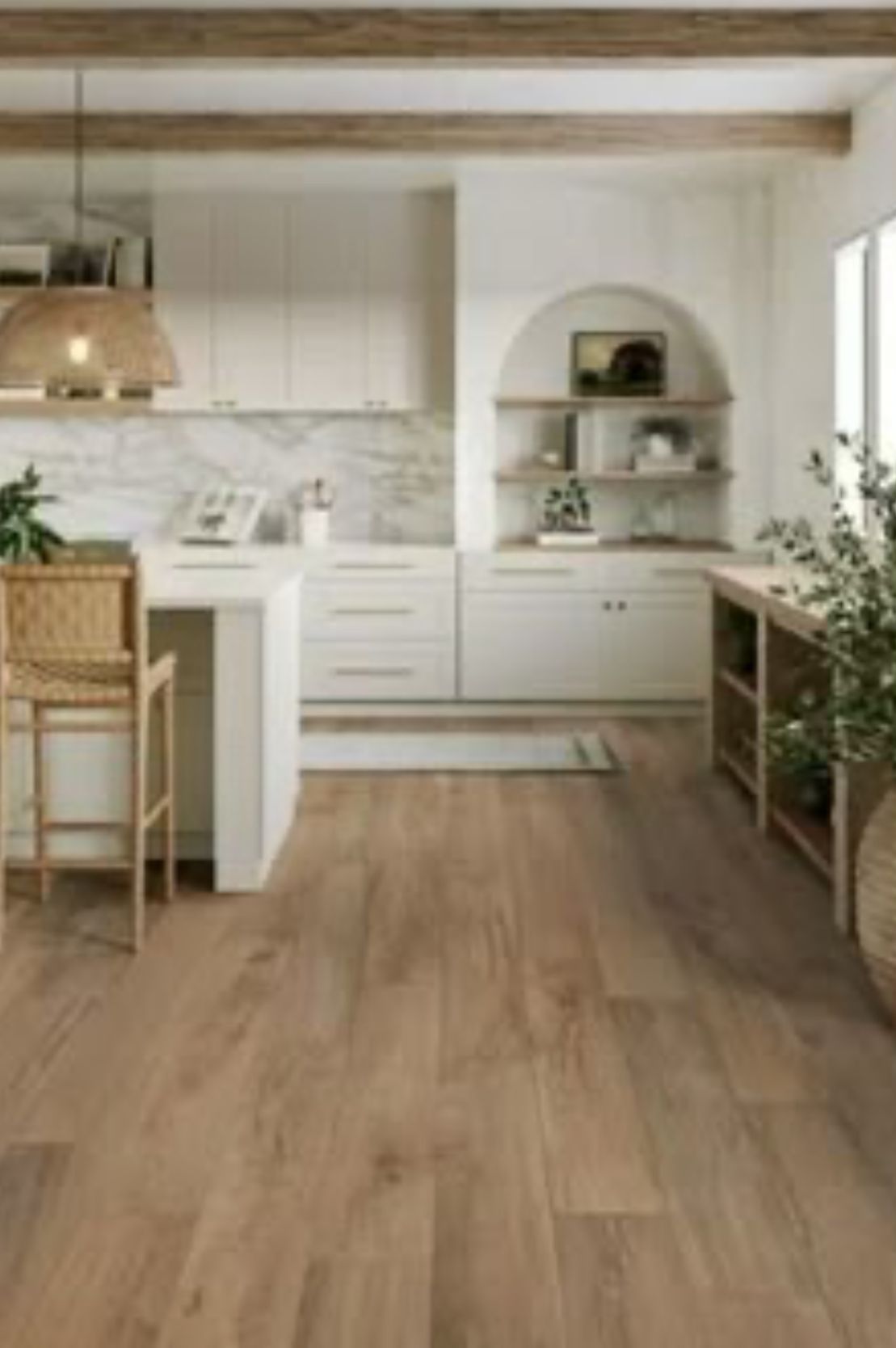 Kitchen remodel with hardwood LVP floor installation white shaker cabinets marble backsplash open shelving and wood beam ceiling by remodeling contractor serving Marietta GA