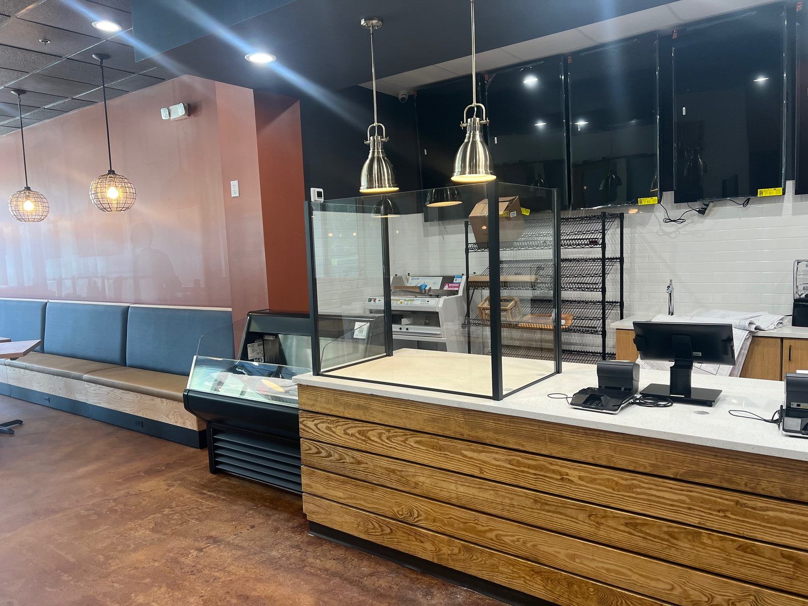Front counter and display case buildout during an Atlanta restaurant remodel Restaurant front service counter and bakery case installation in Atlanta, GA