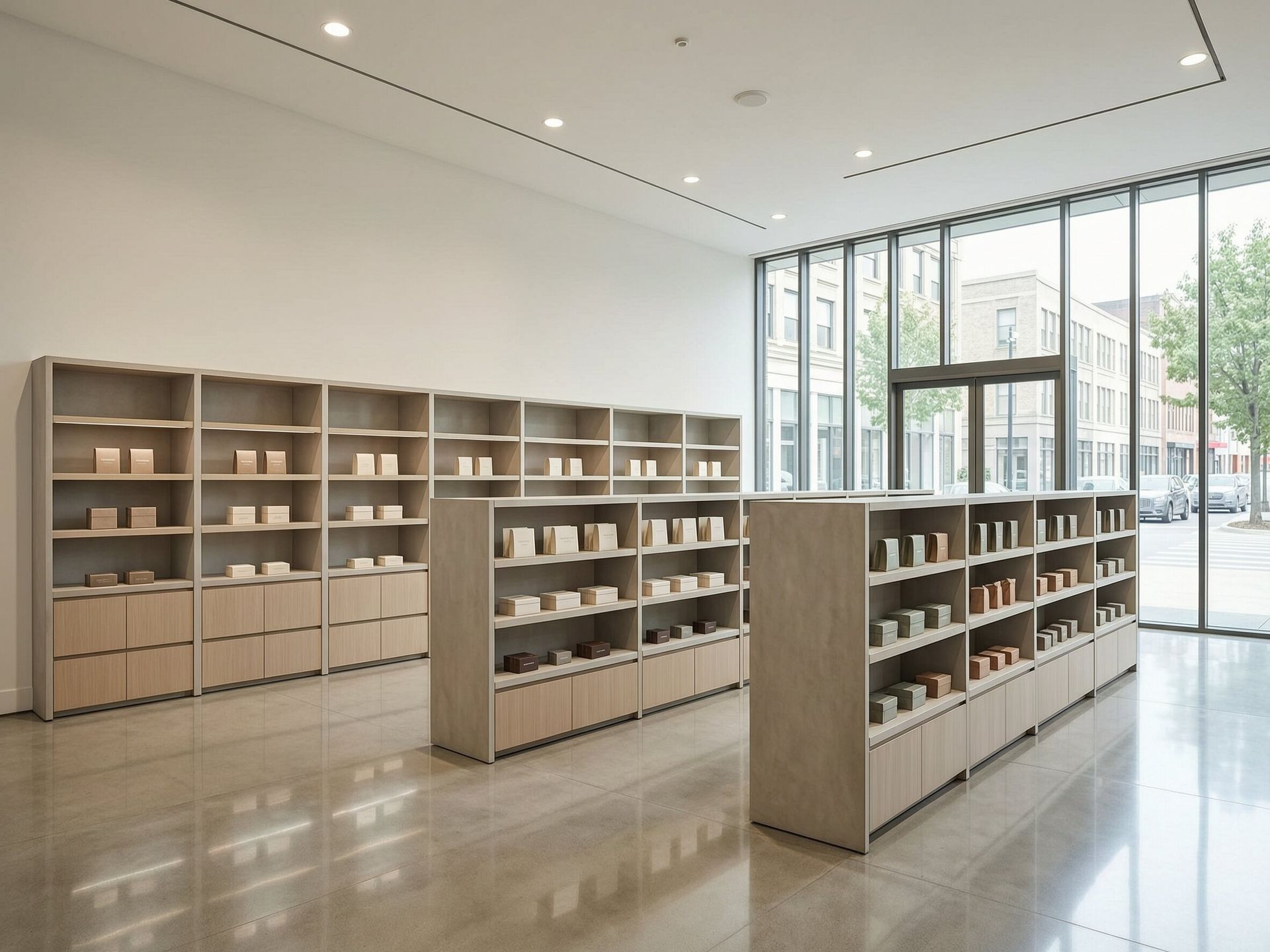 Finished retail store interior with fixture wall shelving and storefront windows, franchise buildout Georgia
