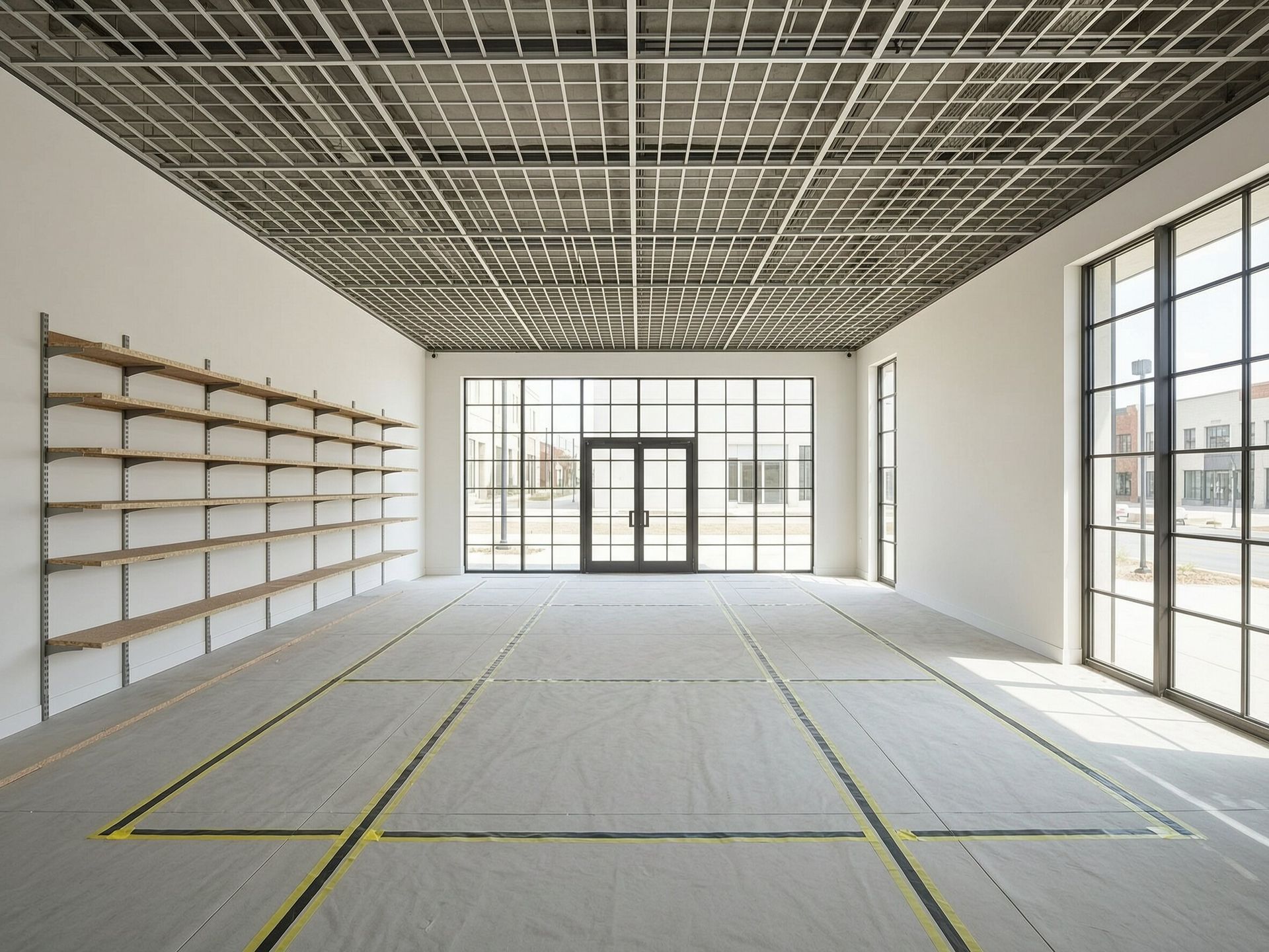 Retail store interior under construction with exposed ceiling grid and fixture wall framing, franchi