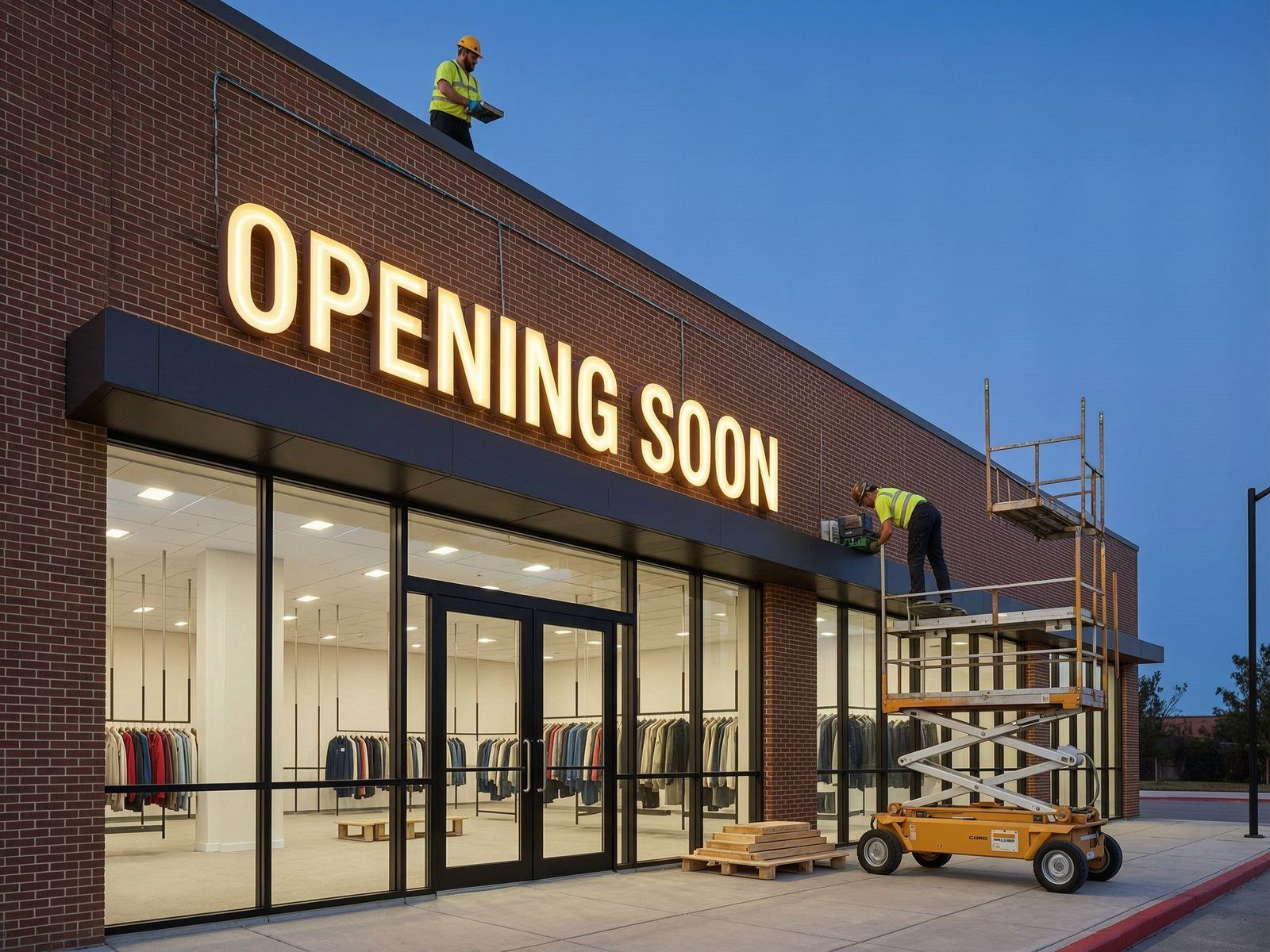 Illustrative image of retail storefront signage installation during construction, showing workers in