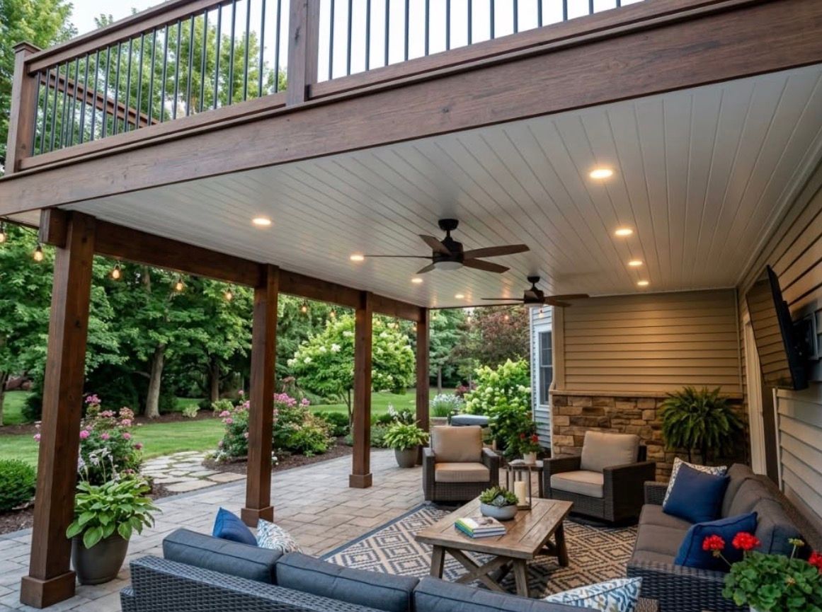 Two-level outdoor living with composite deck, metal railing, covered patio, recessed lighting, and paver patio in Roswell Georgia