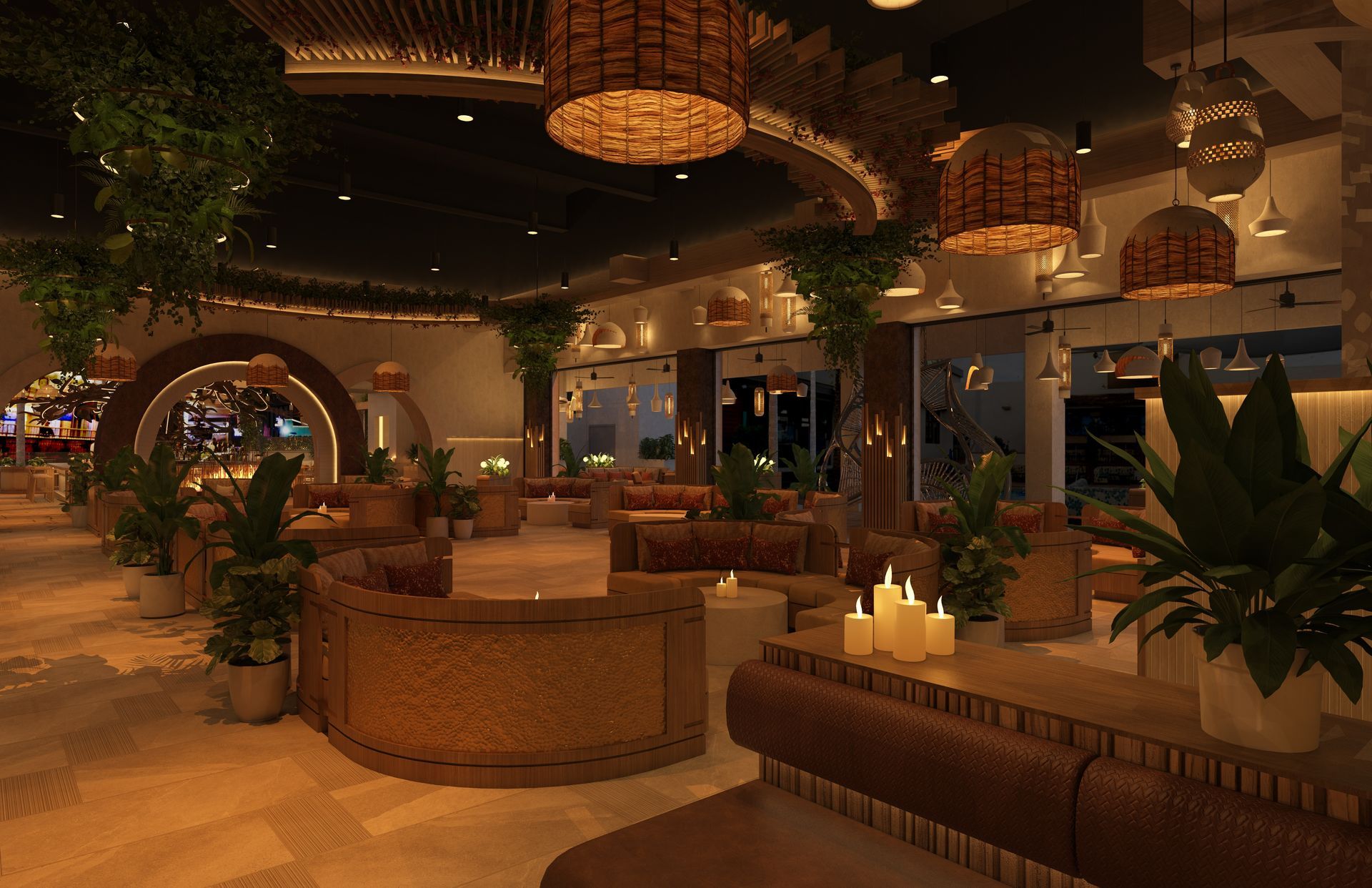 A large room with lots of furniture and candles in it.