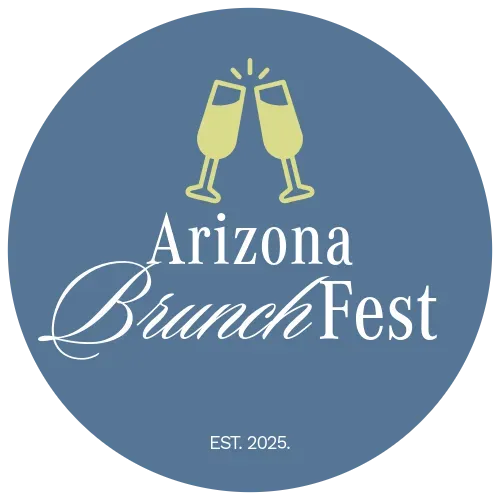 Arizona BrunchFest logo: blue circle with two champagne glasses and white text.