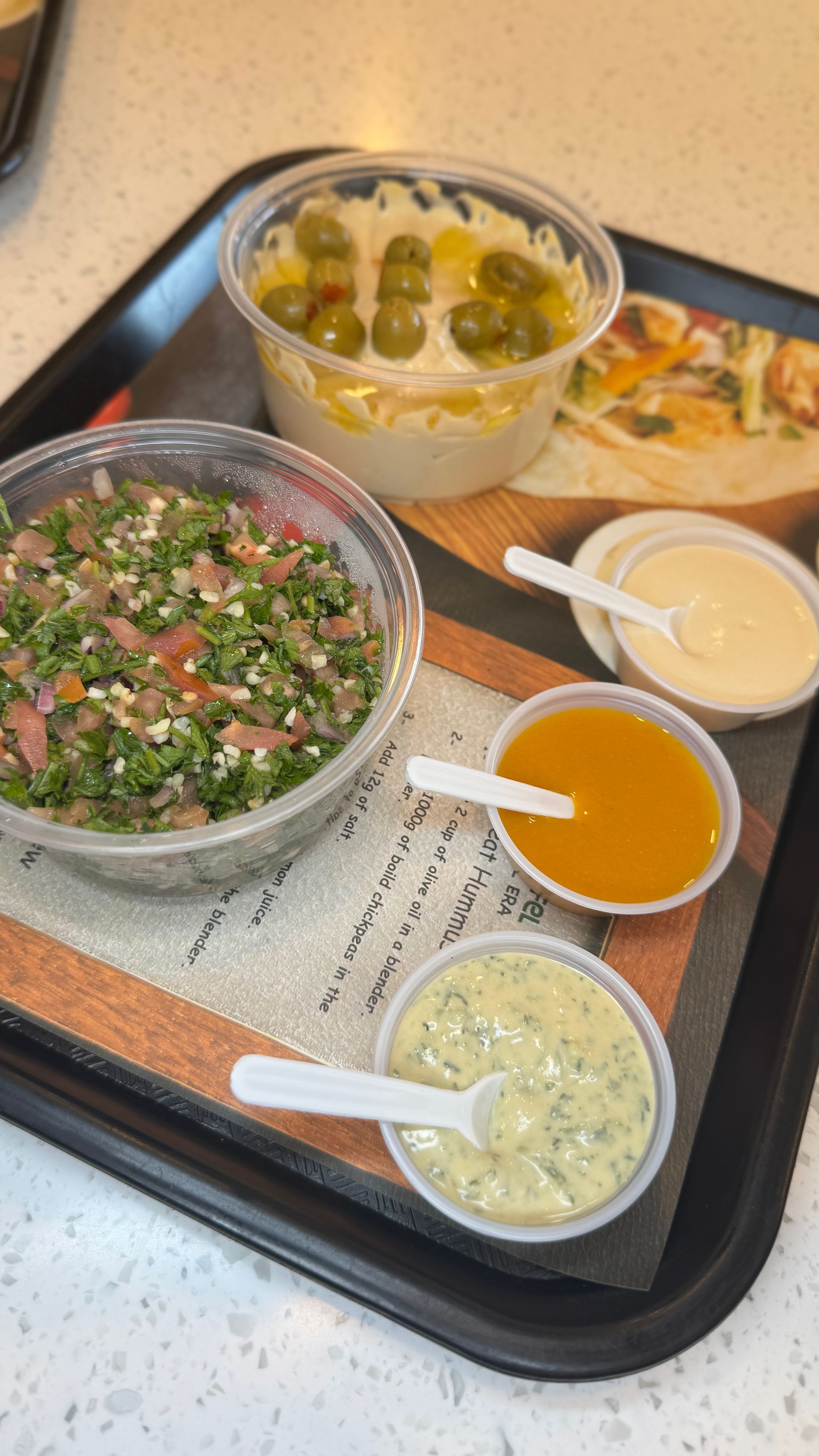 Tray of Middle Eastern food: hummus, tabbouleh, sauces, and flatbread.