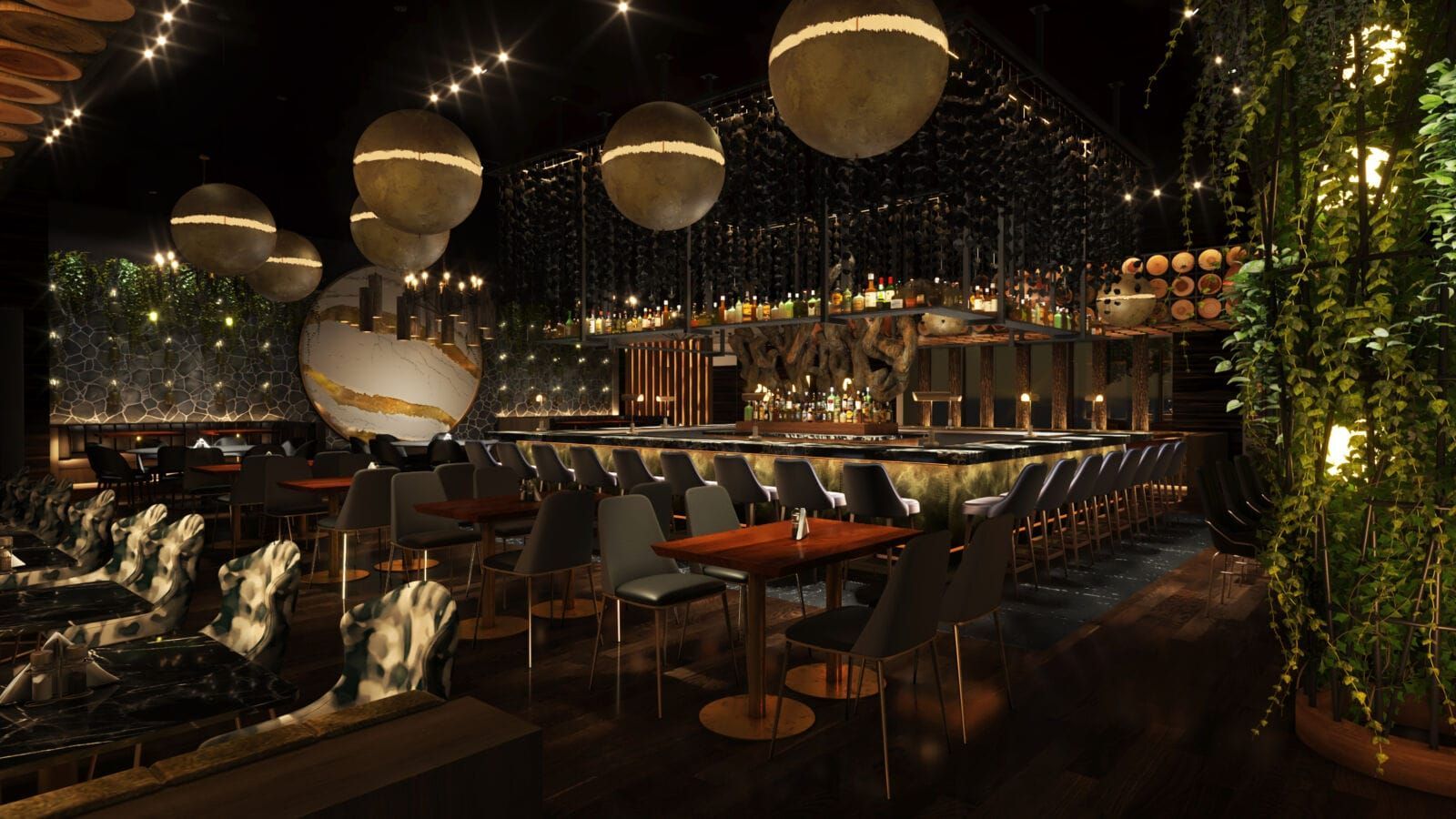 An artist 's impression of a restaurant with tables and chairs and a bar.