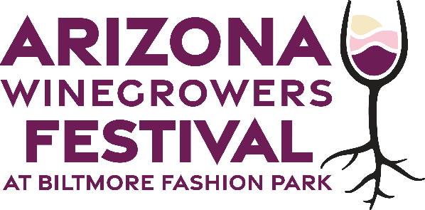 Arizona Winegrowers Festival logo with maroon text and wine glass, at Biltmore Fashion Park