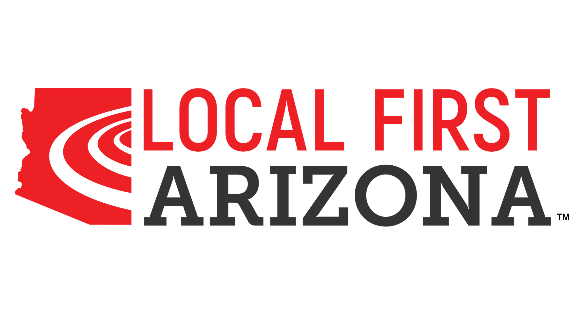 The logo for local first arizona is red and black.