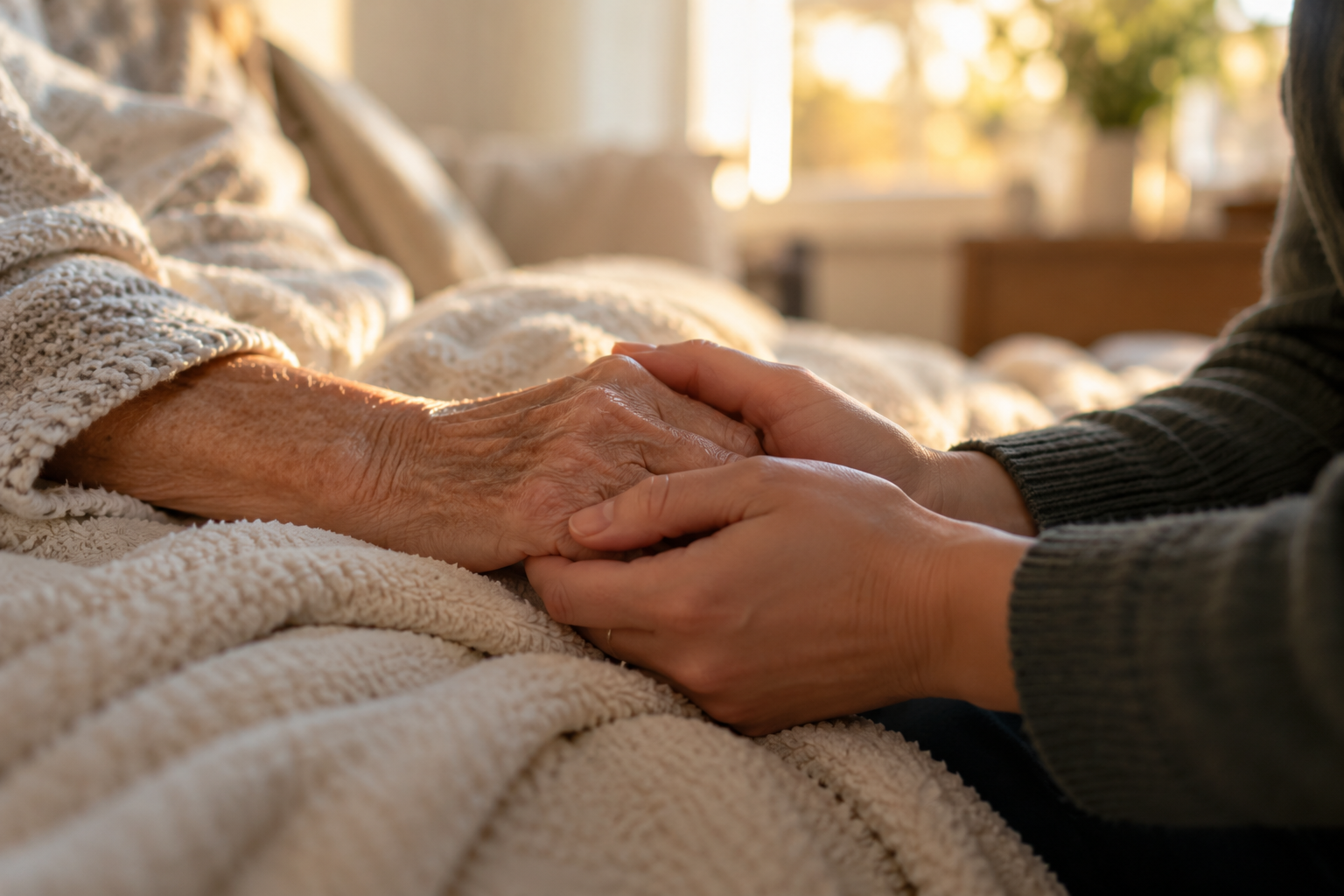 A family member gently holding an older loved one's hand