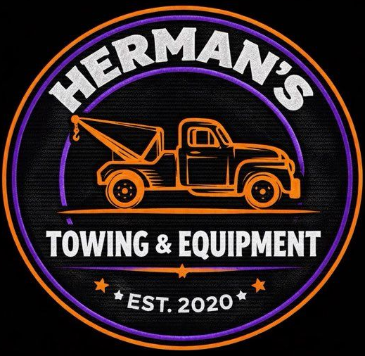 Logo of Hermans Towing and Equipment, with a stylized orange tow hook. Text is orange and gray.