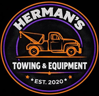 Logo of Hermans Towing and Equipment, with a stylized orange tow hook. Text is orange and gray.