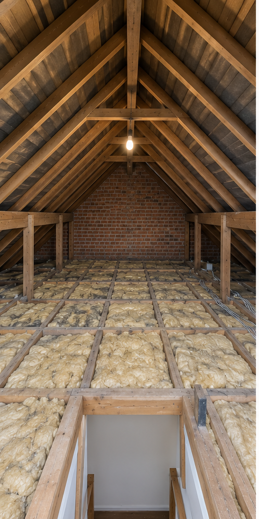 Loft before conversion — exposed rafters, insulation between the joists and the loft hatch
