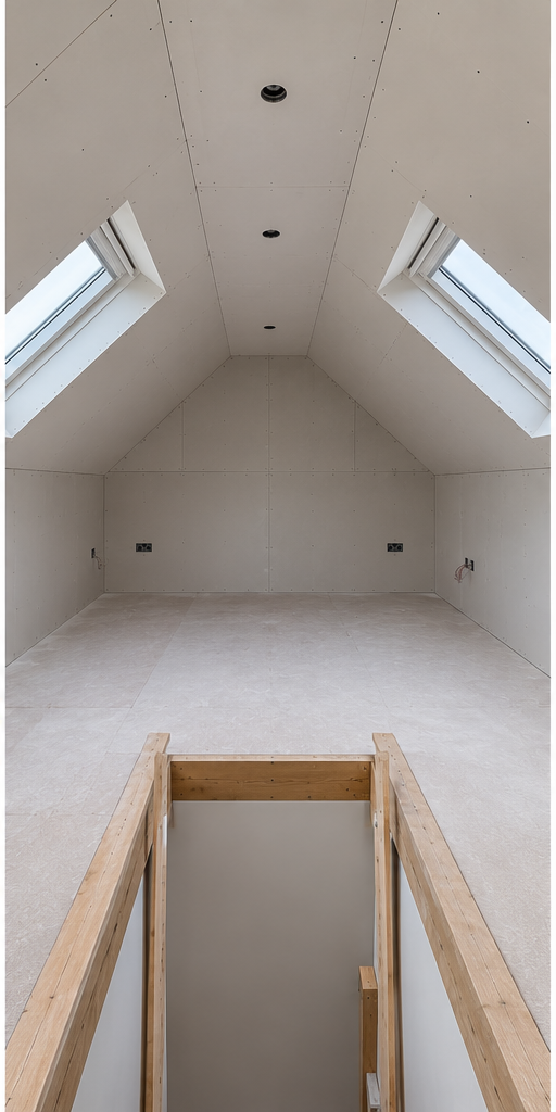 Loft conversion in progress — new floor, plasterboarded walls and ceiling, two Velux rooflights and the new staircase opening