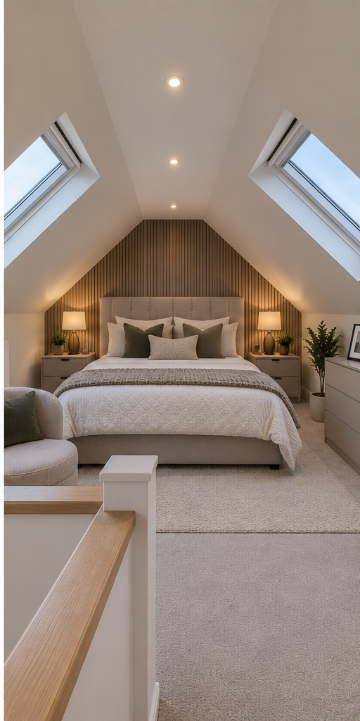 Finished loft conversion bedroom with Velux rooflights, fitted lighting and new staircase