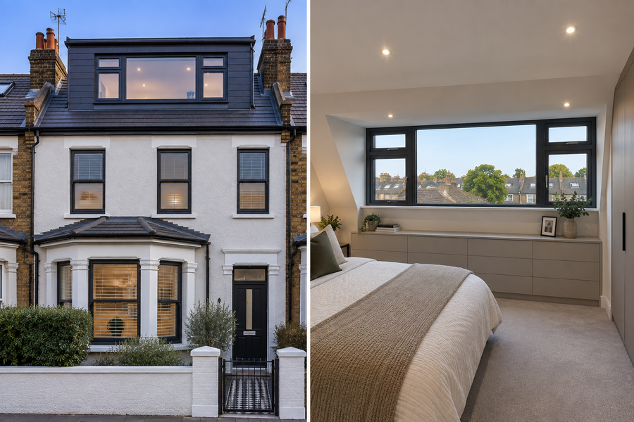 Dormer loft conversion — flat-roof rear dormer on a terraced house and the finished loft bedroom with dormer window inside