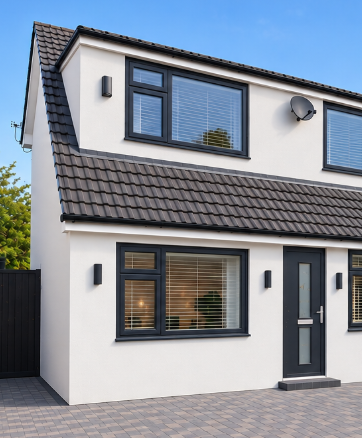 Garage conversion after — garage door removed and replaced with a matching render finish, window and front door