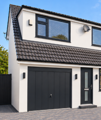 Garage conversion before — house with original black up-and-over garage door