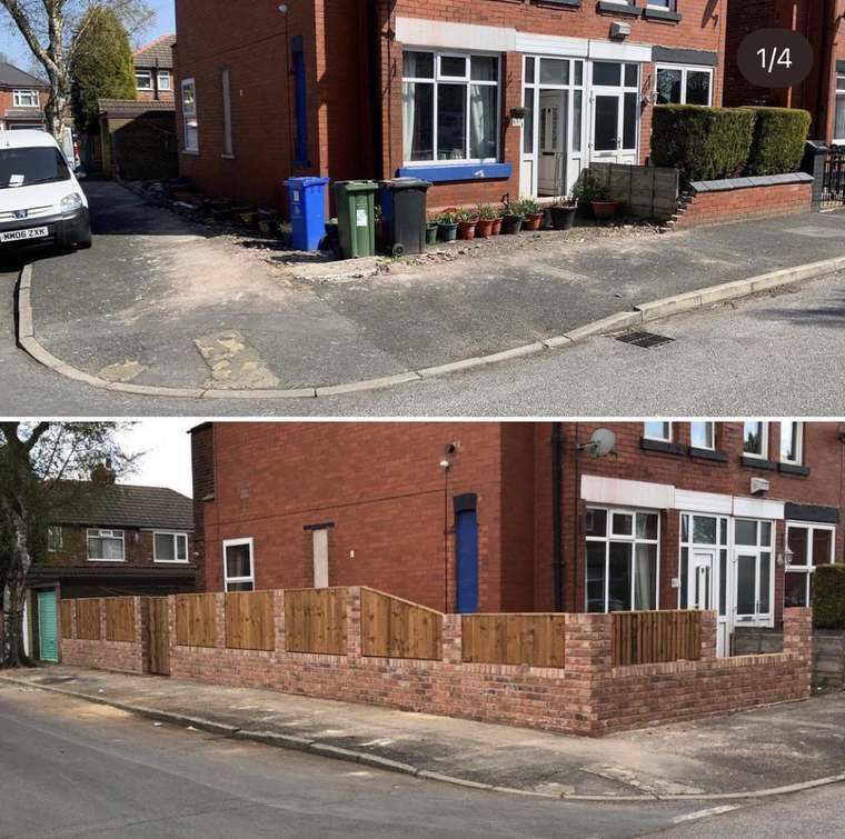 Front garden boundary wall and fence before and after
