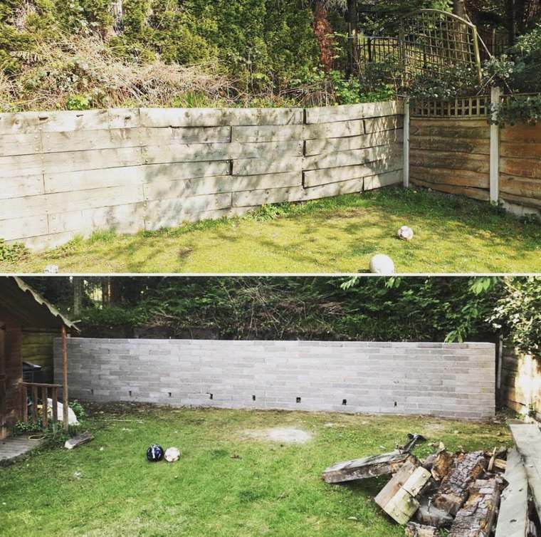 Garden retaining wall before and after
