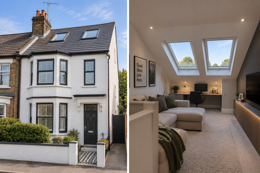 Velux loft conversion — rooflights fitted in the roof of a semi-detached house and the finished loft living space inside